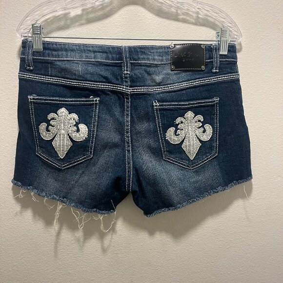 Red Rivet Denim Jean Shorts Size 13 Distressed Stretch Bling Embroidery Raw Hem - Picture 2 of 6